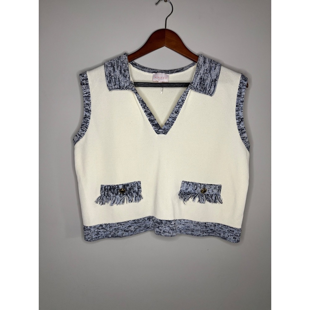 Entro Cream Blue Knit Sweater Vest V Neck Fringe Pocket Womens L